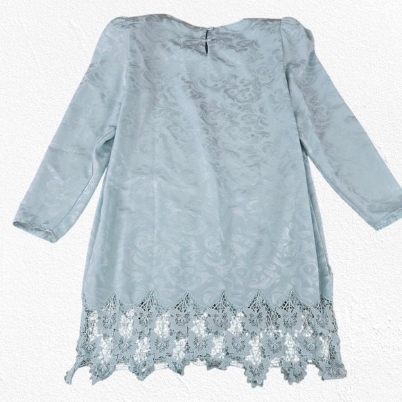 80s Vintage Light Blue Satin Floral Jacquard Lace Tunic Blouse Skirt Set Size 8 - Picture 9 of 14